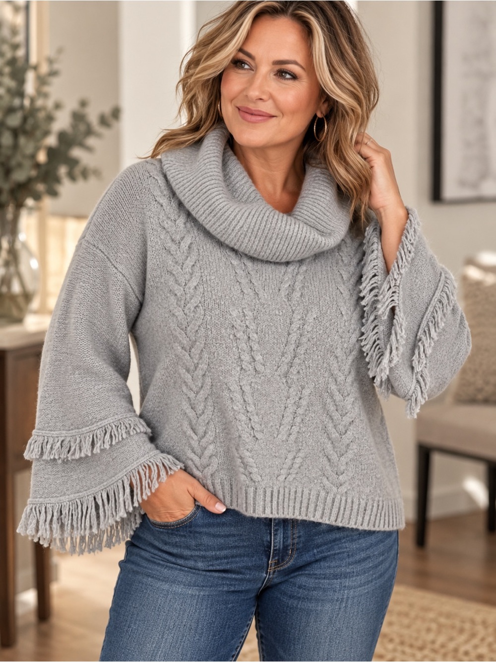 𝙑𝙞𝙣𝙩𝙖𝙜𝙚 𝘼𝙢𝙚𝙧𝙞𝙘𝙖 Sweater Gray Cable Knit Cowl Neck Fringe Bell Sleeve L